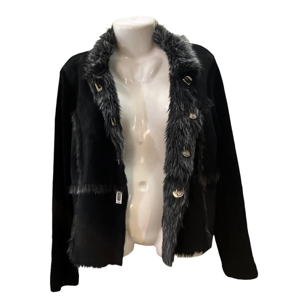 Lisa International Women's Black Faux Fur Lined Suede Button Sweater Coat SZ PL - Picture 6 of 9